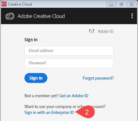Screenshot of initial Adobe CC login screen