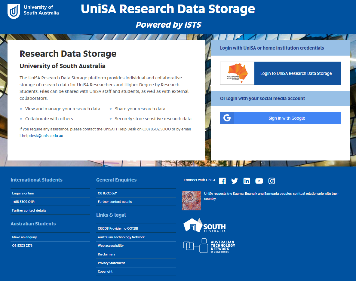 UniSA Research Data Storage login screen