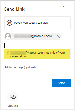 Screenshot indicating email address is outside of UniSA