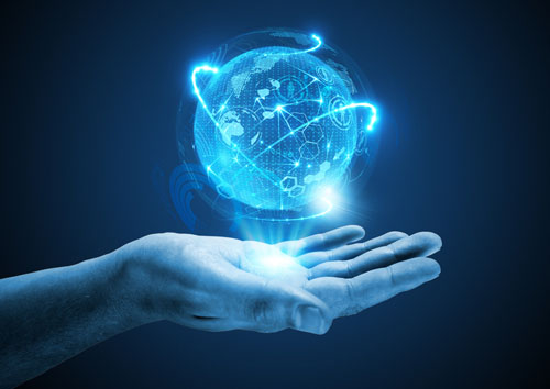 Digital hand under floating globe