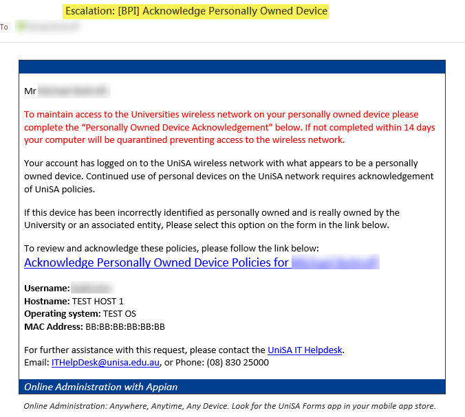 Example Escalation: [BPI] Acknowledge Personally Owned Device email