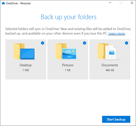 OneDrive back up folder dialog