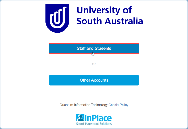 Screenshot of InPlace Login page with Staff and Students button