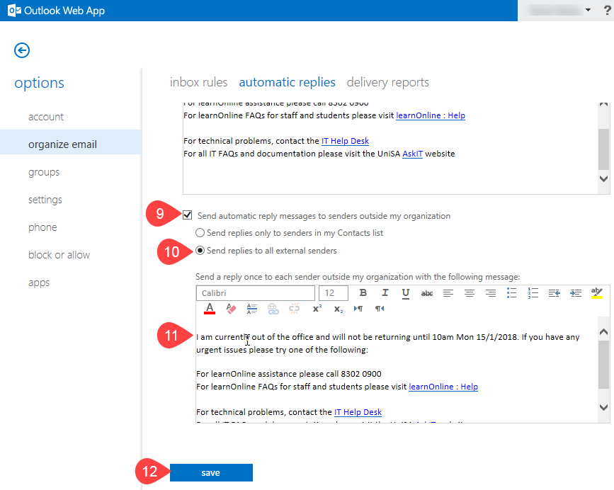Automatic Replies outside organisation options
