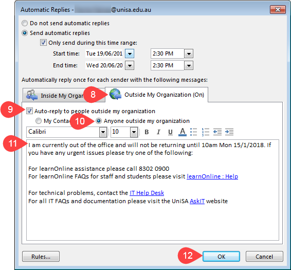 Automatic Replies outside organisation options