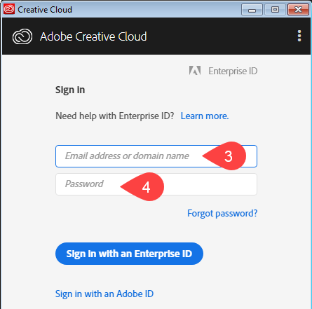 Screenshot of initial Adobe CC login screen