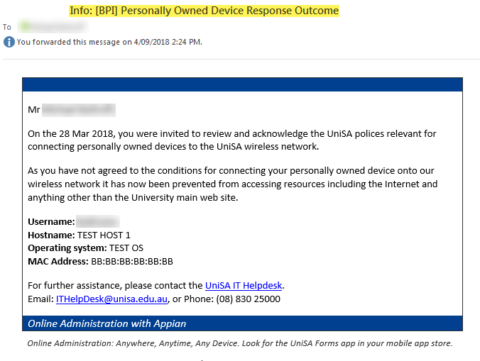Example Info: [BPI] Personally Owned Device Response Outcome no response email