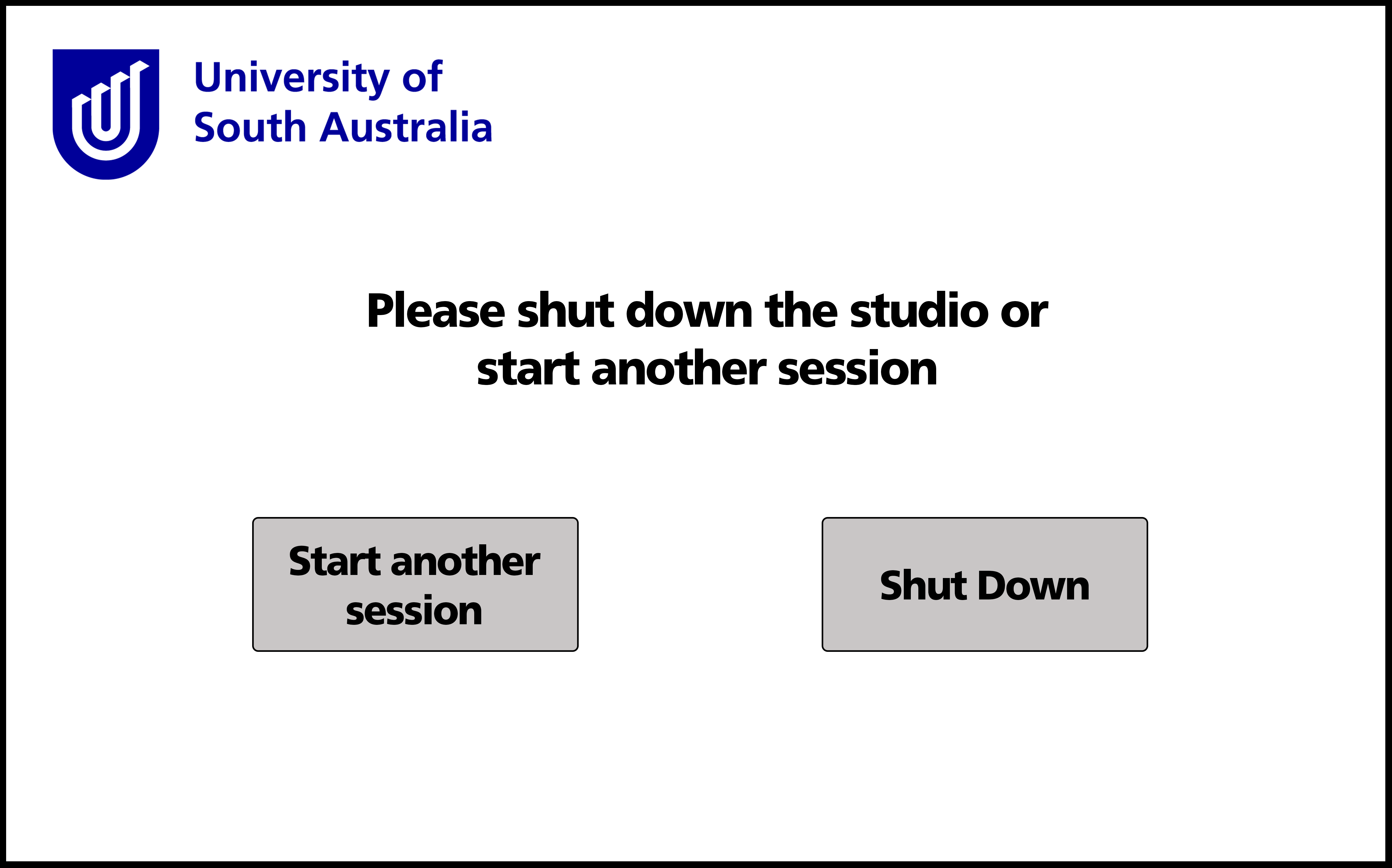 AV Touch Panel from Green Screen Room - end screen - "please shut down the studio or start another session"