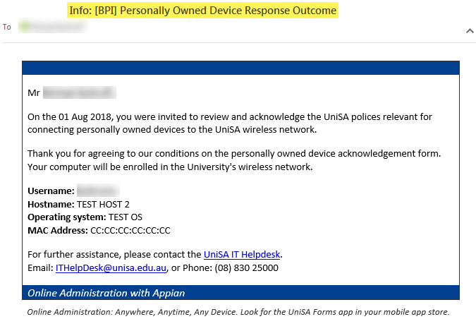 Example Info: [BPI] Personally Owned Device Response Outcome email