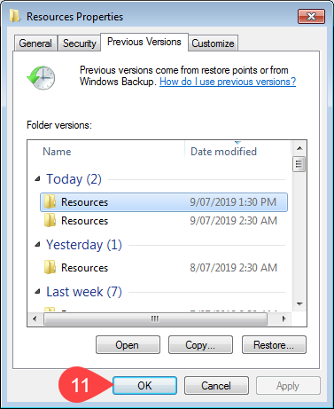 Screen shot of close option on previous versions window