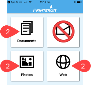 Screenshot of PrinterOn option types