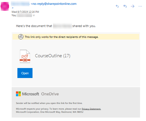 Screenshot of example email