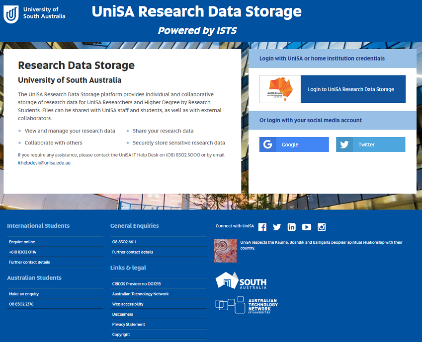 UniSA Research Data Storage login screen