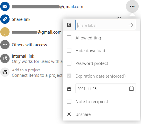 Sharing options (registered user)