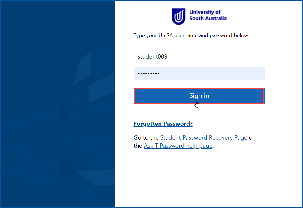 UniSA Sign In page