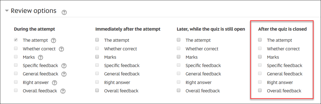 Review options unticked in learnonline quiz settings
